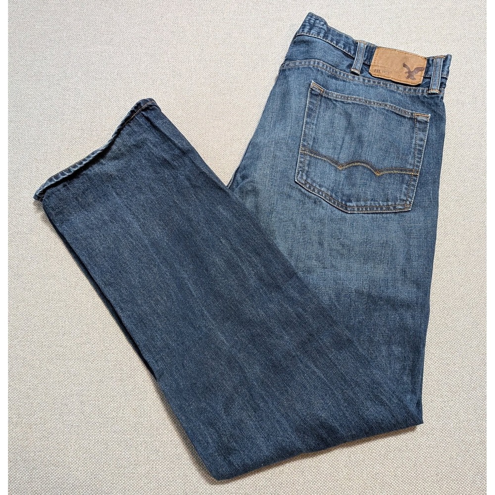 American Eagle Men's Relaxed Straight Distressed Jeans Blue 38x34 Cotton